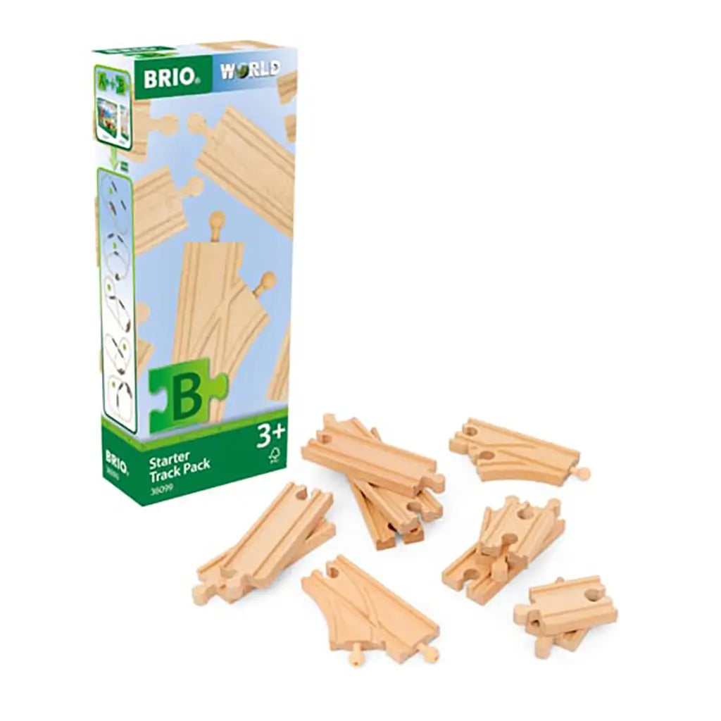BRIO World Starter Track Pack including box and multiple natural wood train track pieces with curved and straight connectors displayed on white surface.