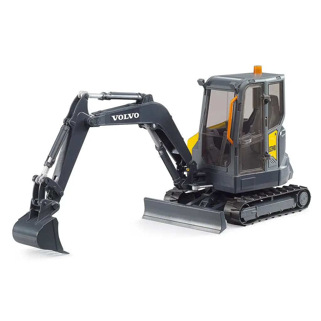 Side view of Bruder Volvo Compact Excavator ECR40 showing its 360-degree rotating cab, articulated digging arm, and detailed control cabin, designed for lifelike construction play.