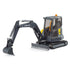 Side view of Bruder Volvo Compact Excavator ECR40 showing its 360-degree rotating cab, articulated digging arm, and detailed control cabin, designed for lifelike construction play.