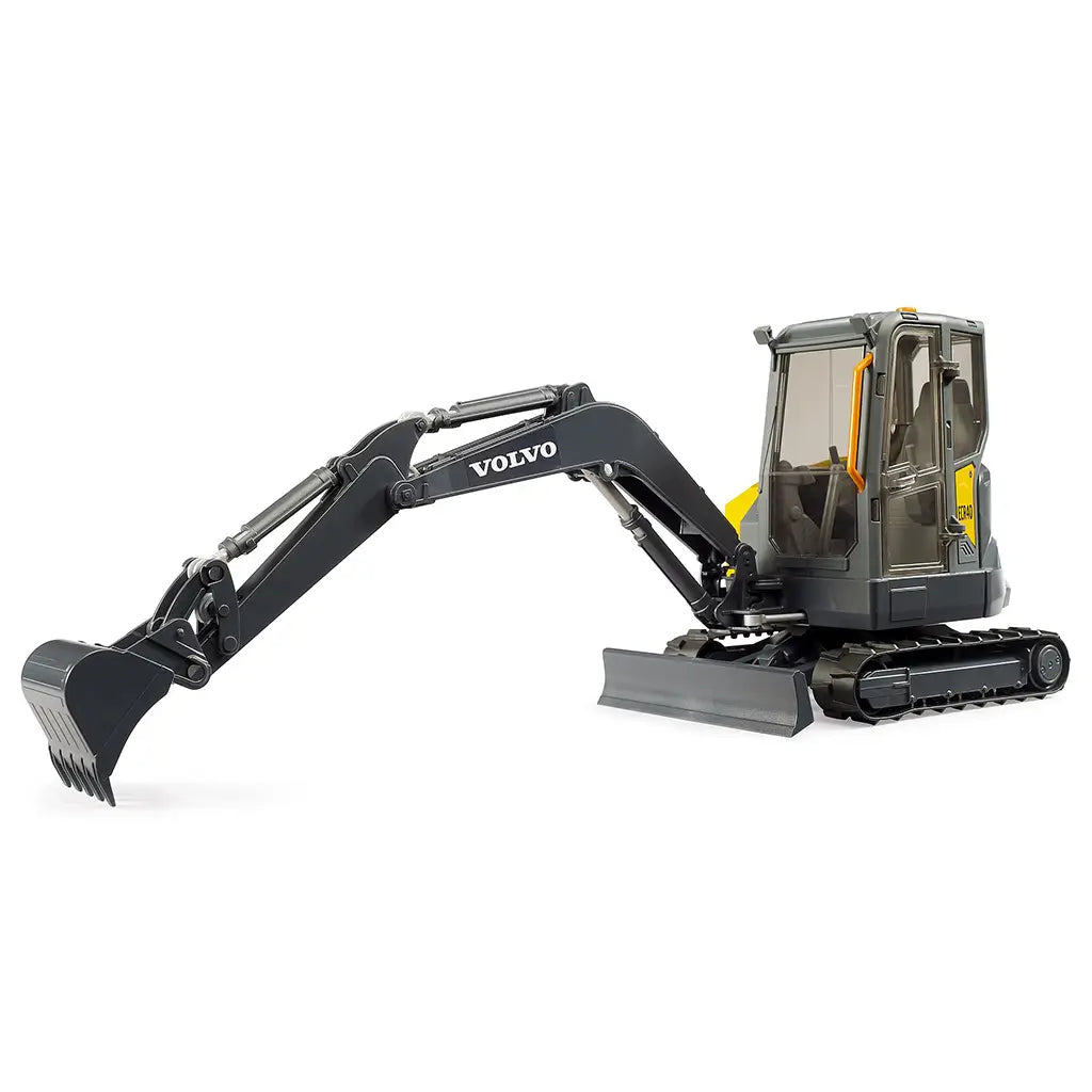 Angled front view of Bruder Volvo Compact Excavator ECR40 toy showing movable boom and bucket, realistic cab interior, and durable construction ideal for imaginative outdoor play.