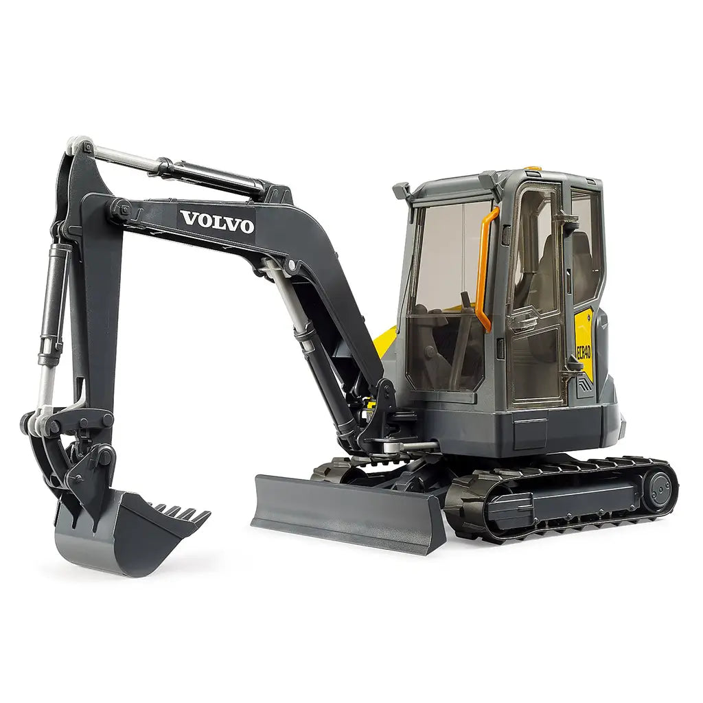 Detailed Bruder Volvo Compact Excavator ECR40 toy model featuring a realistic black and yellow body, movable digging arm, and clear cabin windows with treaded rubber tracks for smooth play action.