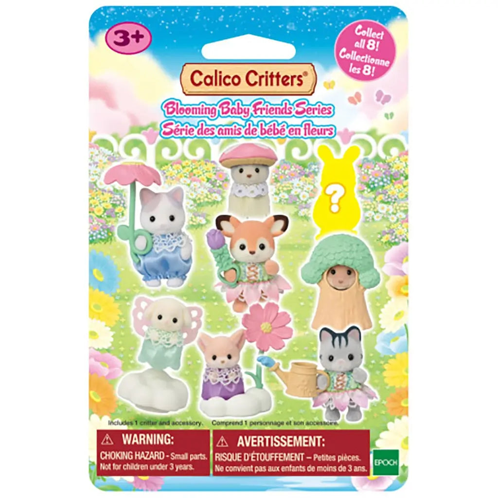 Calico Critters Blooming Baby Friends Series blind box packaging featuring miniature toy animals in flower-themed outfits, with a colorful meadow background and series collection details