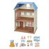 Calico Critters Sky Blue Terrace playset includes cream three-story house with blue roof, ladders, accessories, and two critter figurines alongside pastel furniture and toys.