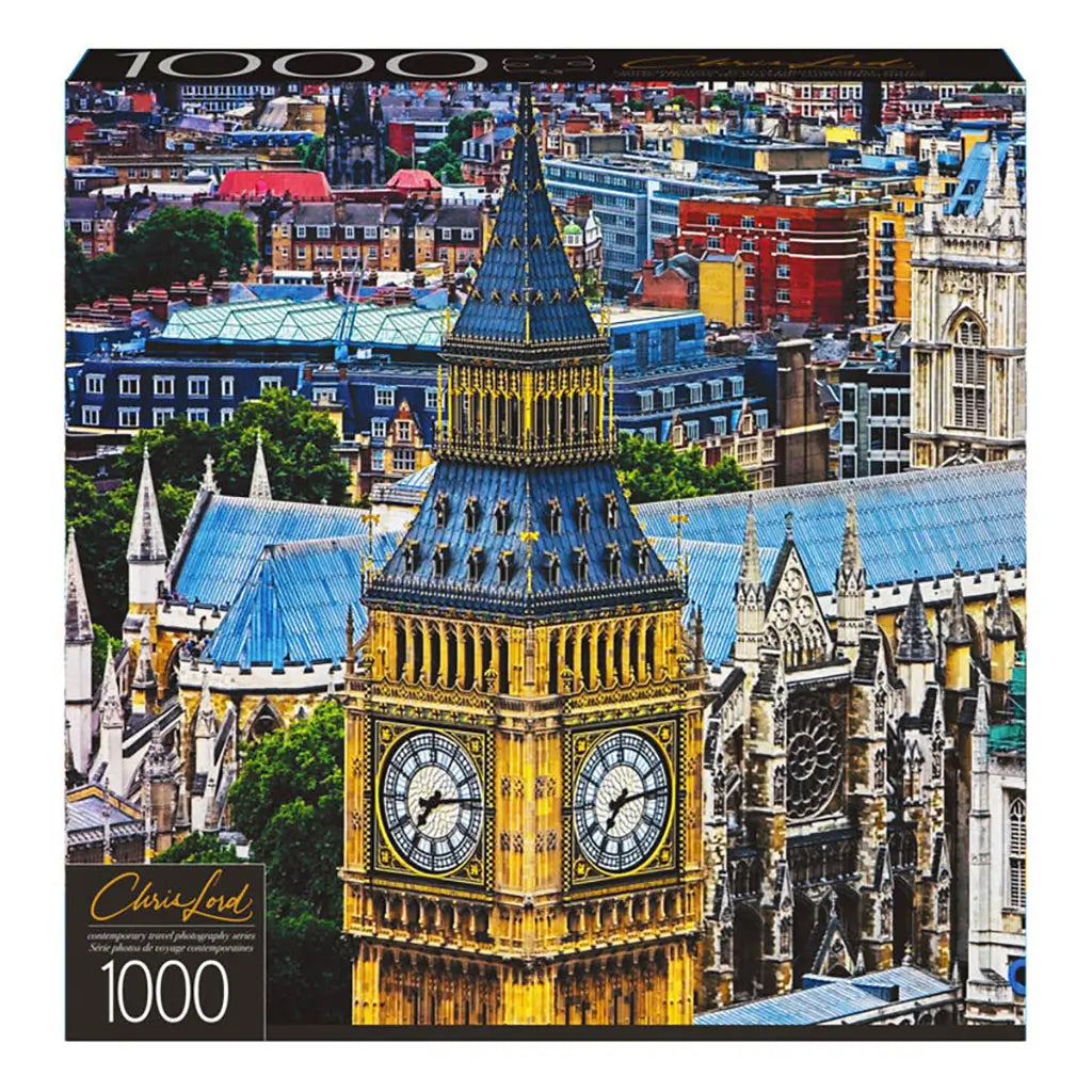 Cardinal 1000-piece jigsaw puzzle featuring Chris Lord’s vivid photograph of London’s Big Ben clock tower, showing Gothic details and colorful cityscape on front packaging.