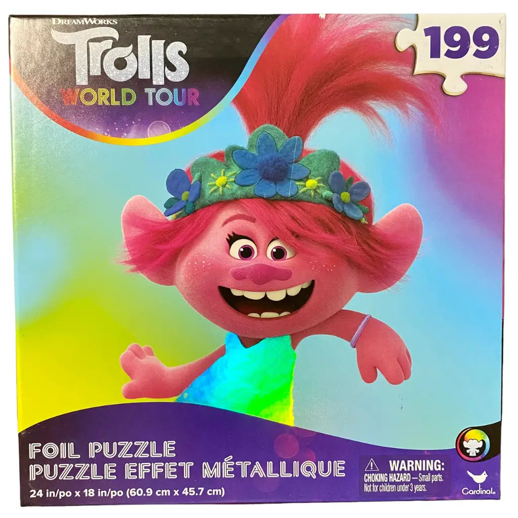 DreamWorks Trolls World Tour foil puzzle front packaging featuring Poppy with pink skin, red hair, and a blue flower crown, smiling against a vivid rainbow backdrop, 199 pieces included.