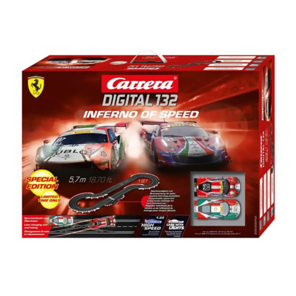 Carrera Digital 132 Inferno of Speed slot car set front box art with Ferrari race cars, track layout, and special edition branding