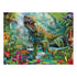 Ceaco Prehistoria puzzle design featuring a roaring T. rex and smaller dinosaurs in a lush, colorful jungle with waterfalls, tropical plants, and vivid flowers under dappled sunlight.
