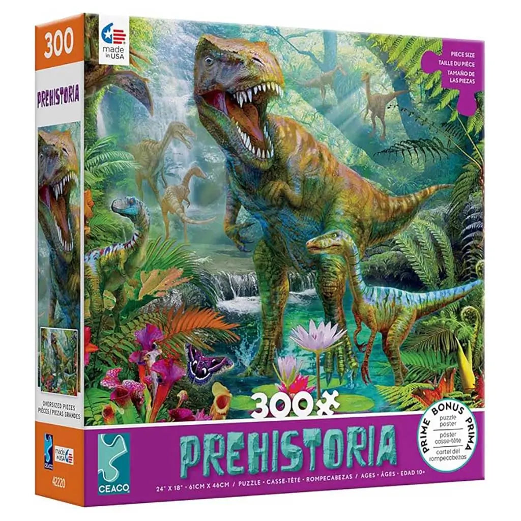 Ceaco Prehistoria 300-piece puzzle box displaying a fierce T. rex and baby dinosaurs in a vibrant prehistoric rainforest scene filled with greenery, flowers, and cascading waterfalls.