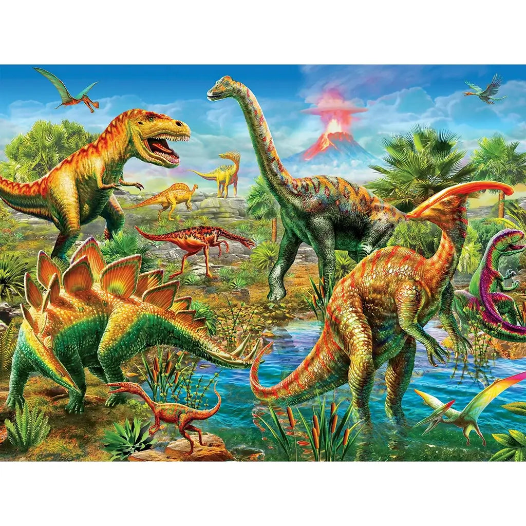 Bright prehistoric jungle scene featuring colorful dinosaurs like Tyrannosaurus rex, Stegosaurus, and Brachiosaurus near a pond, with a volcano erupting in the distance and flying Pteranodons overhead.