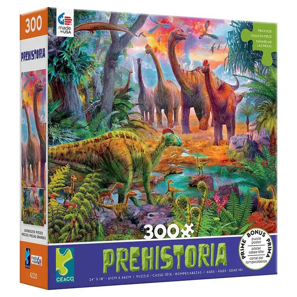 Ceaco Prehistoria 300-piece puzzle box featuring a vivid prehistoric jungle with colorful dinosaurs, lush tropical plants, and a bright orange sunset sky filled with flying pterosaurs.