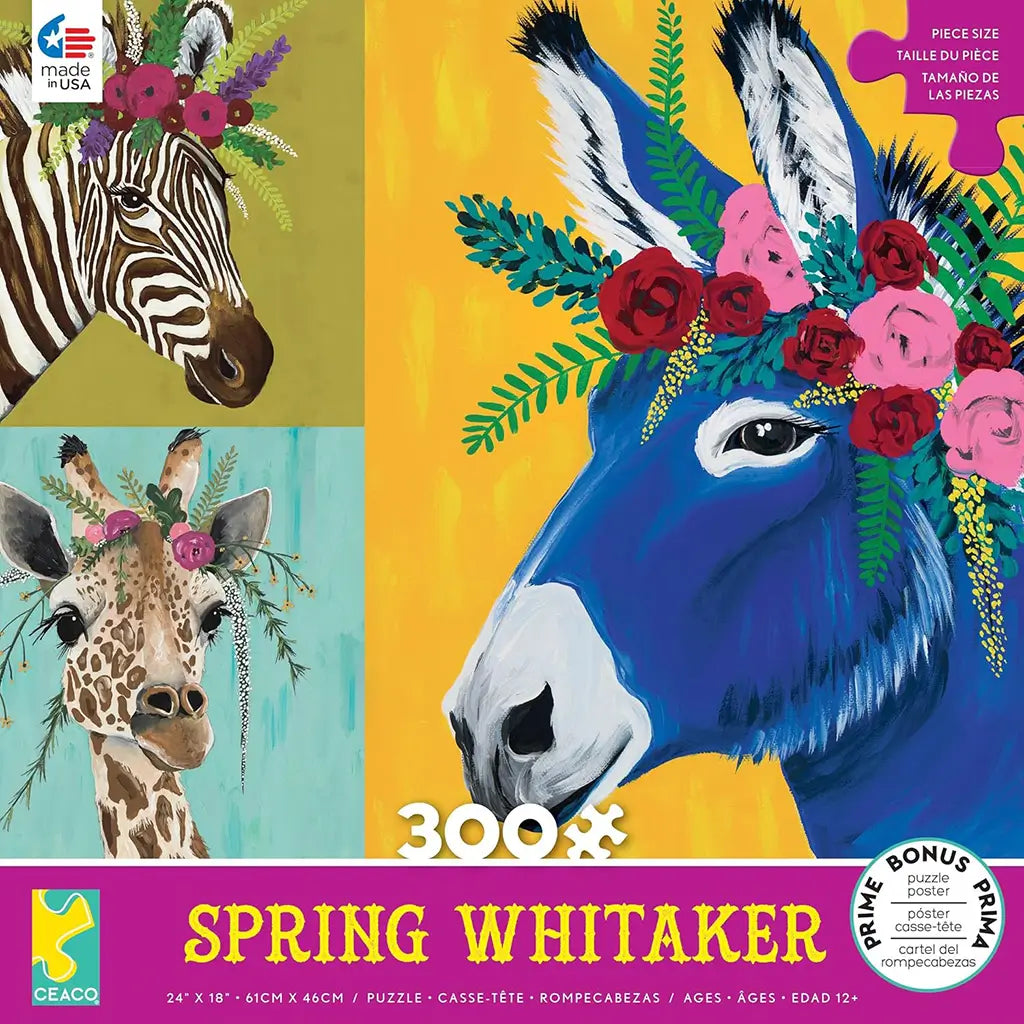 Ceaco Spring Whitaker 300-piece puzzle box showing vibrant animal portraits of a zebra, giraffe, and blue donkey, each adorned with colorful floral crowns on bright yellow, green, and teal backgrounds.