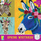 Ceaco Spring Whitaker 300-piece puzzle box showing vibrant animal portraits of a zebra, giraffe, and blue donkey, each adorned with colorful floral crowns on bright yellow, green, and teal backgrounds.