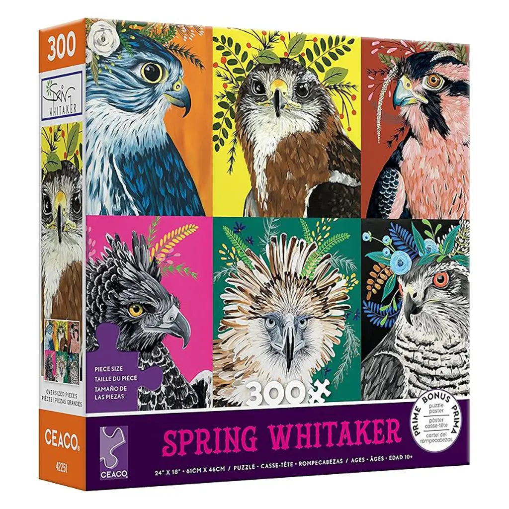 Ceaco Spring Whitaker 300-piece puzzle box featuring six stylized bird portraits with floral crowns in vivid colors, artistically rendered by Spring Whitaker on bright geometric backgrounds.