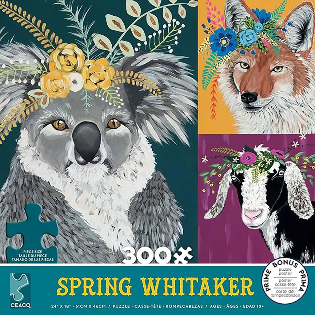 Ceaco Spring Whitaker 300-piece puzzle box depicting stylized portraits of a koala, fox, and goat, each wearing floral crowns with bright leaves and blossoms against rich teal, orange, and purple backgrounds.