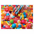 Colorful candy assortment spilling from a glass jar, featuring bright jelly candies, swirled lollipops, gumdrops, and chocolate pieces in a vivid mix of reds, blues, yellows, and pinks.