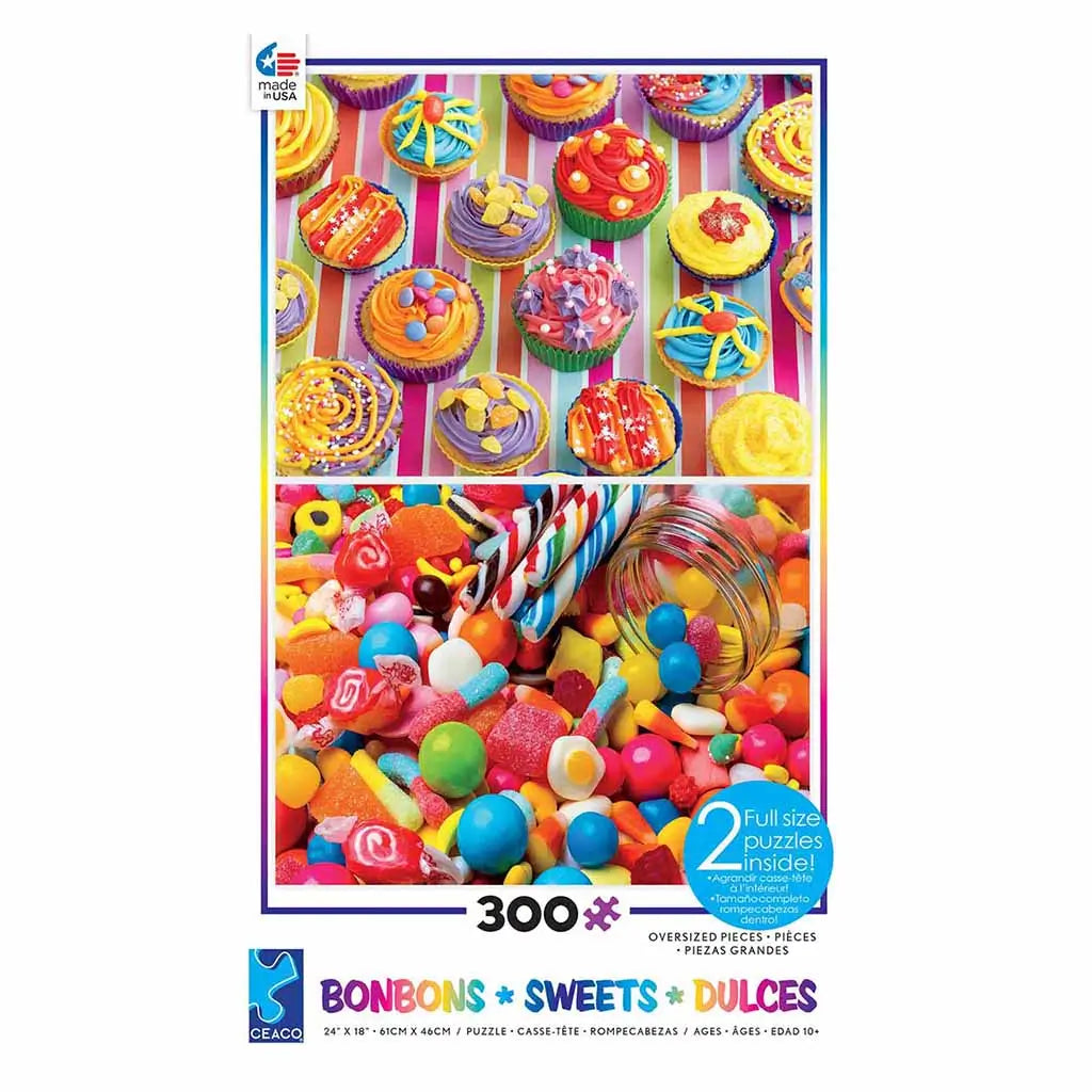 Ceaco 300-piece “Bonbons Sweets Dulces” puzzle box showing vibrant cupcakes with candy toppings and a candy-filled jar, combining two full-size puzzles with bright rainbow-colored treats.
