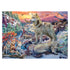 Ceaco 1000-piece “Wolves” puzzle box showing a detailed snowy mountain scene with wolves and pups under a vivid orange sunset, surrounded by pine trees and red foliage.
