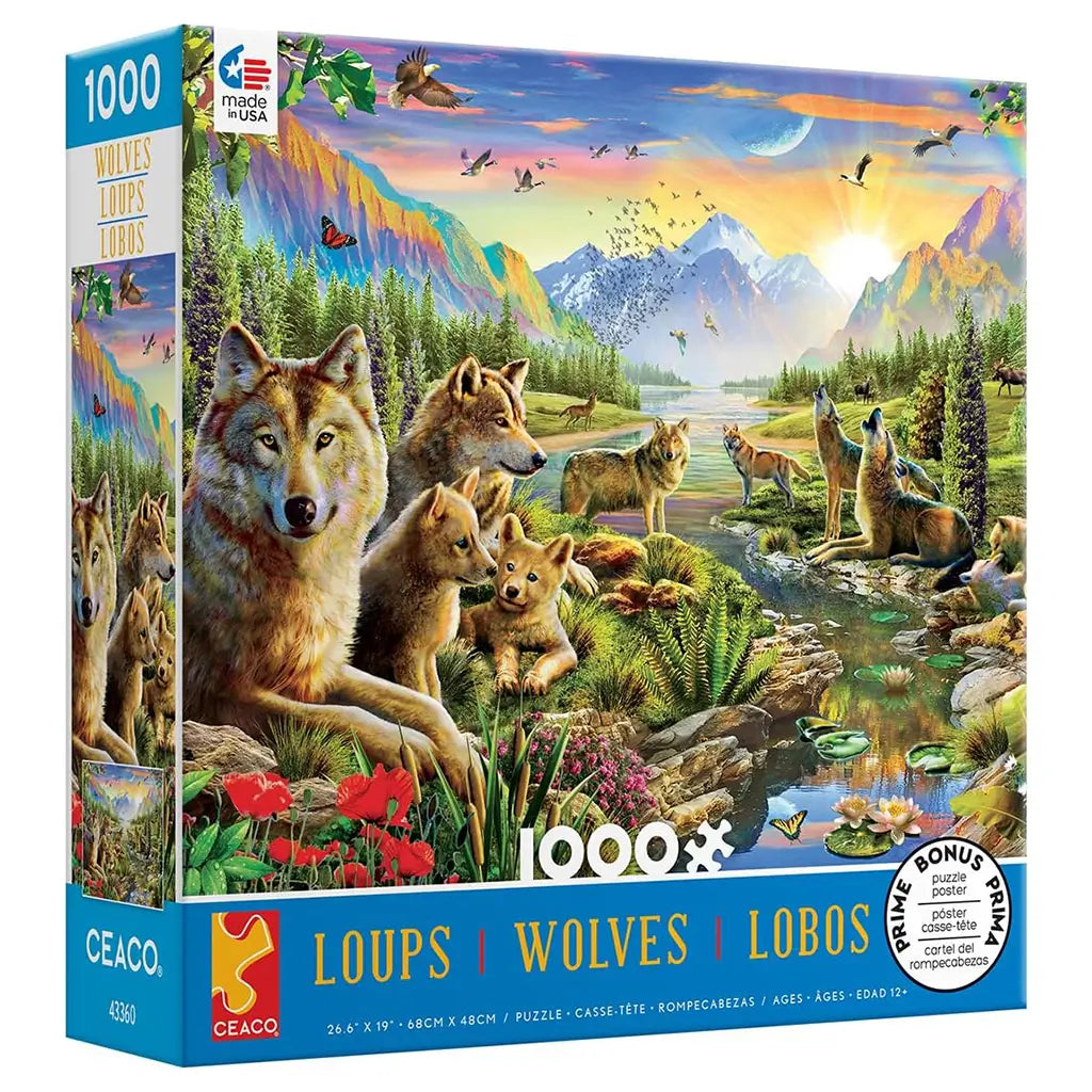 Ceaco 1000-piece “Wolves” puzzle box showing a family of wolves resting by a river surrounded by flowers, pine trees, and colorful mountains under a bright sunrise sky filled with birds and butterflies.