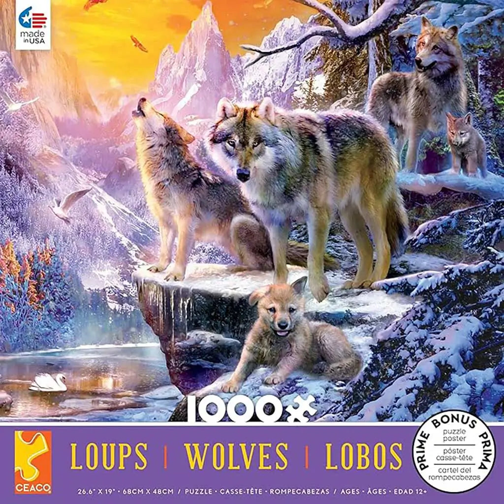 Ceaco Wolves 1000-piece puzzle box showing a wolf pack in a snowy mountain landscape at sunset, with adults and pups on icy rocks under a glowing orange and purple sky.