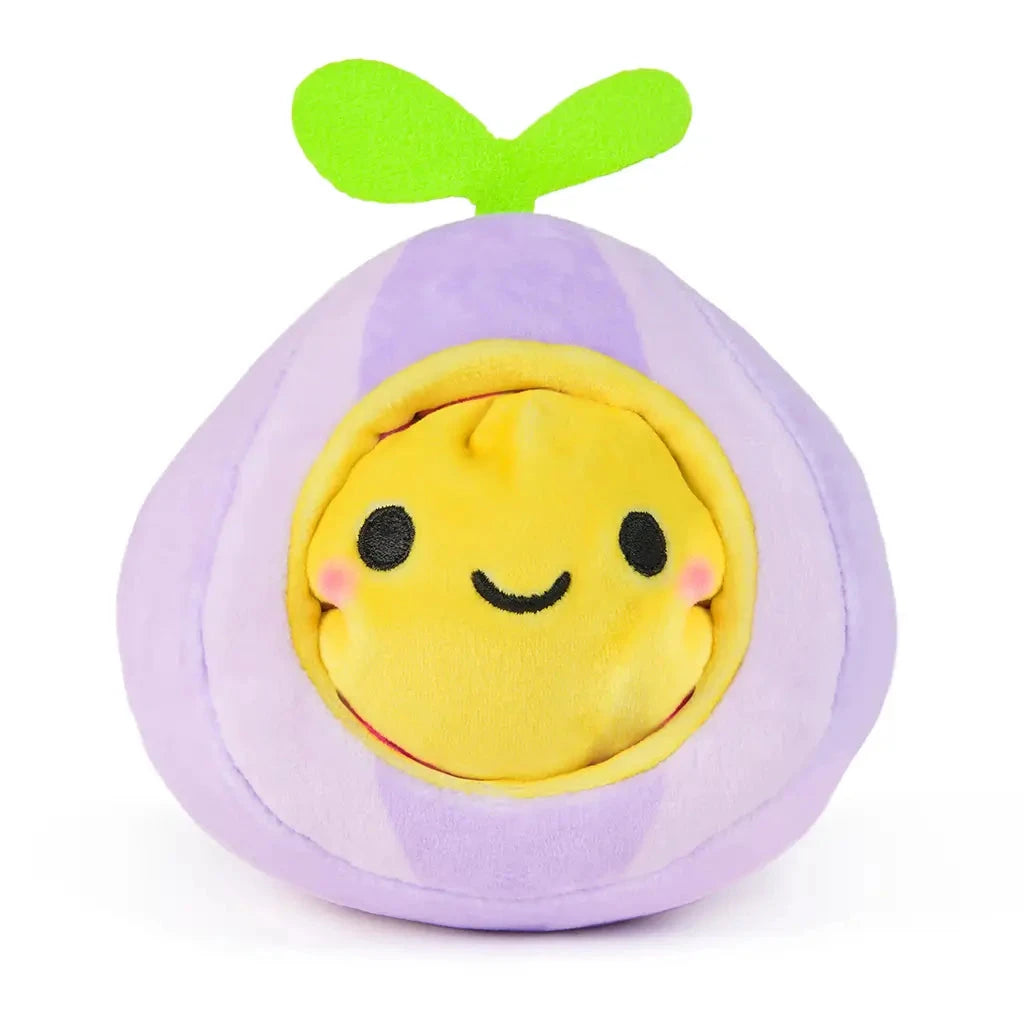 Reversible plush toy in eggplant-like shape with purple body, green sprout top, and smiling yellow face peeking from center, designed for interactive play and display.