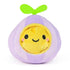 Reversible plush toy in eggplant-like shape with purple body, green sprout top, and smiling yellow face peeking from center, designed for interactive play and display.