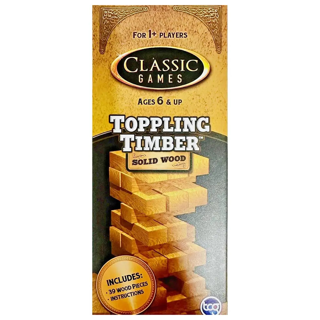 Front packaging of Classic Games Toppling Timber by TCG Toys, showing stacked wooden blocks, game name, age rating 6+, and note that it includes 39 solid wood pieces with instructions.