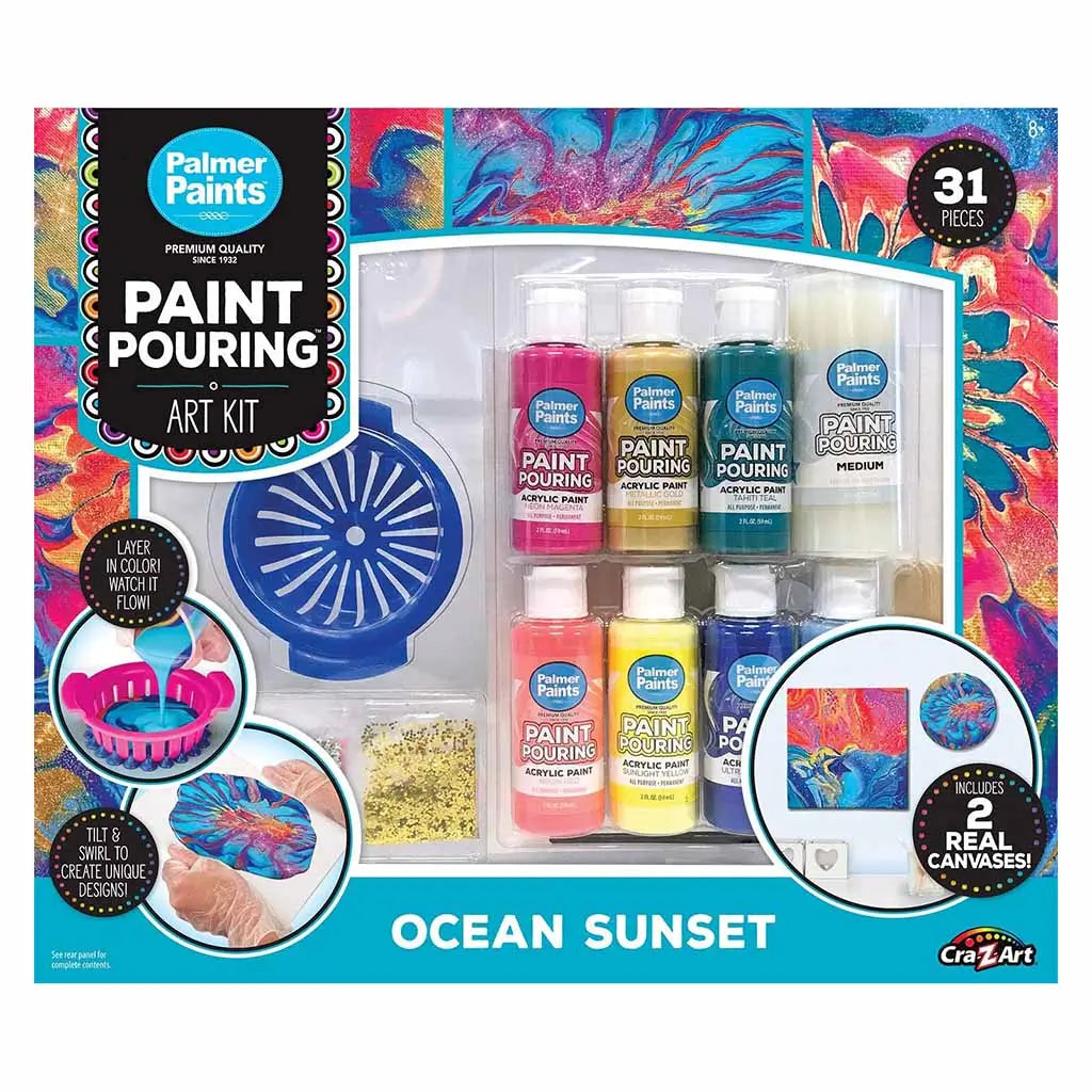 Palmer Paints Pouring Art Kit Ocean Sunset set includes acrylic paints, pouring medium, glitter, cups, gloves, and tools displayed in colorful packaging with finished pour art examples.