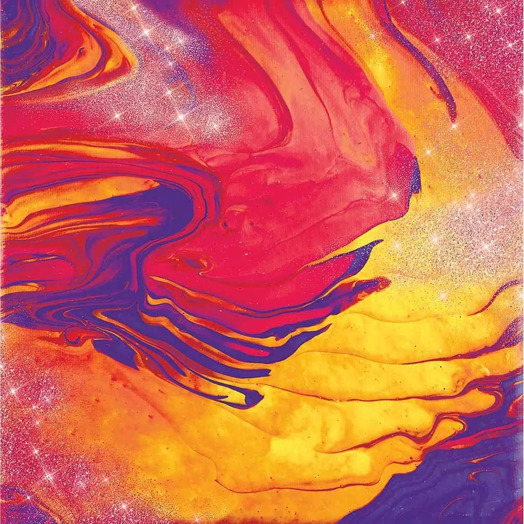 Abstract marbled artwork in bright purple, red, orange, and yellow with shimmering highlights, resembling a swirling sunrise sky in a fluid acrylic pour painting.