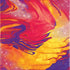Abstract marbled artwork in bright purple, red, orange, and yellow with shimmering highlights, resembling a swirling sunrise sky in a fluid acrylic pour painting.
