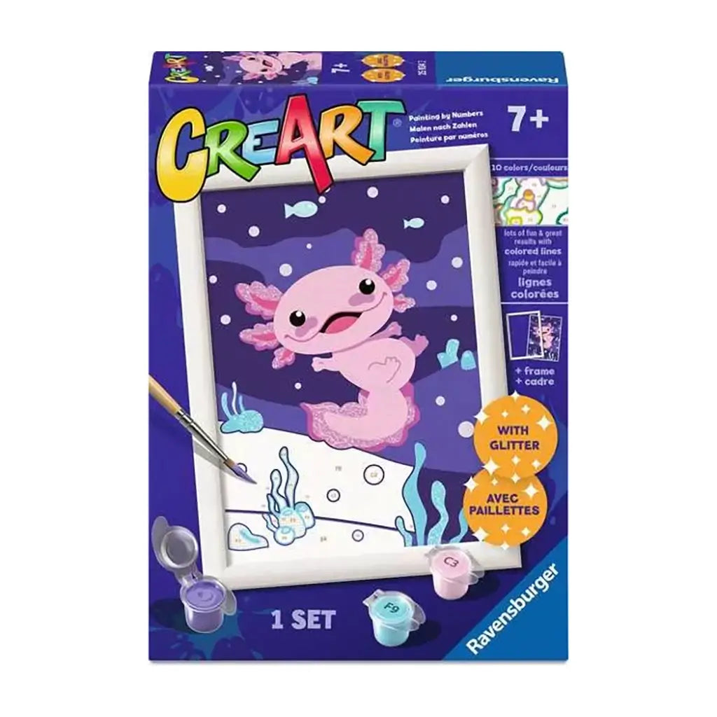 Box front of Ravensburger CreArt paint-by-numbers set featuring a smiling pink axolotl in a whimsical underwater scene, designed for kids ages 7 and up.