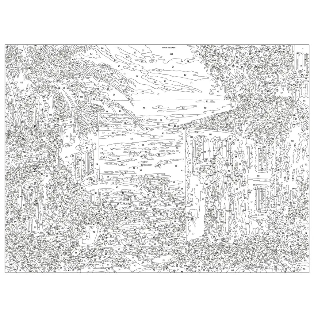 Black and white paint by numbers outline canvas depicting a Mediterranean coastal scene with houses, sea, trees, and plants, filled with numbered sections awaiting colorful paint application.