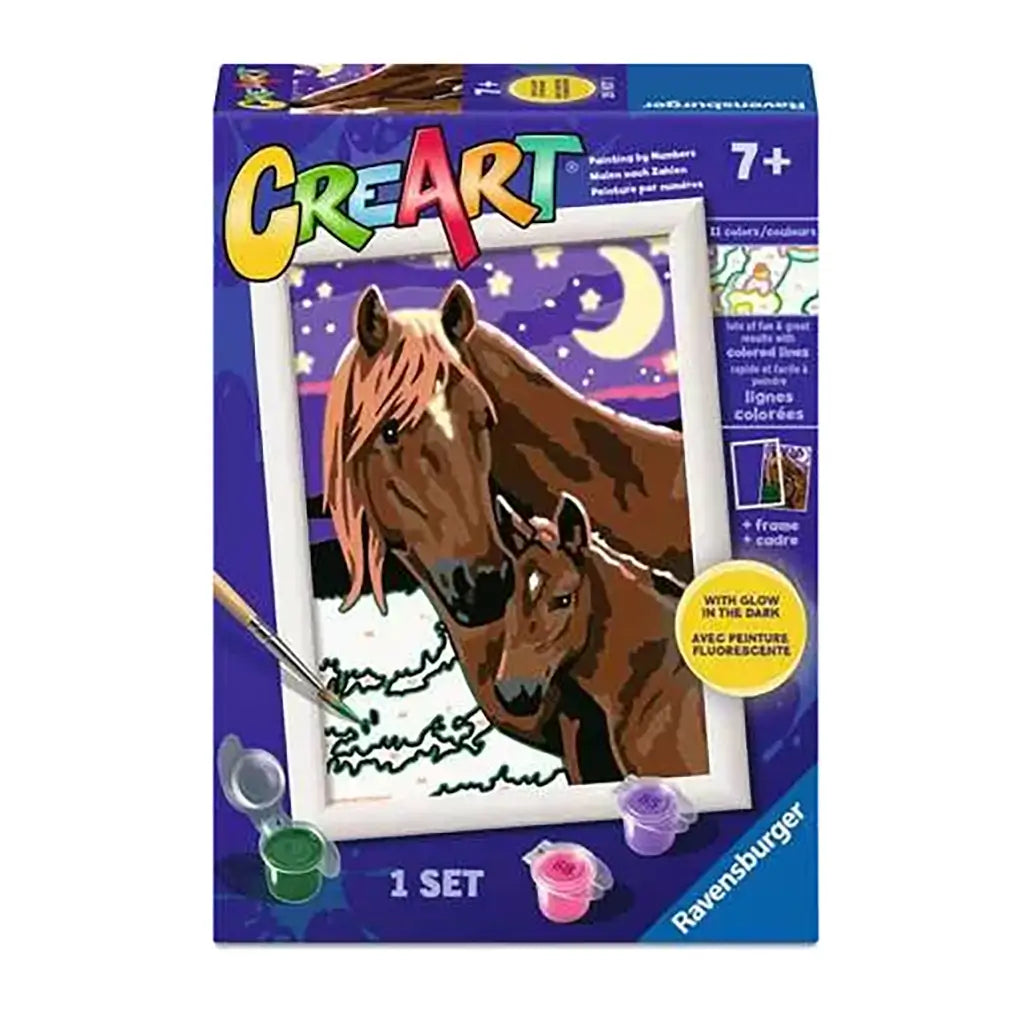 Ravensburger CreArt “Horses at Midnight” paint-by-numbers kit box featuring brown horse and foal under moonlit sky with stars, includes paints, brush, and glow-in-the-dark details.