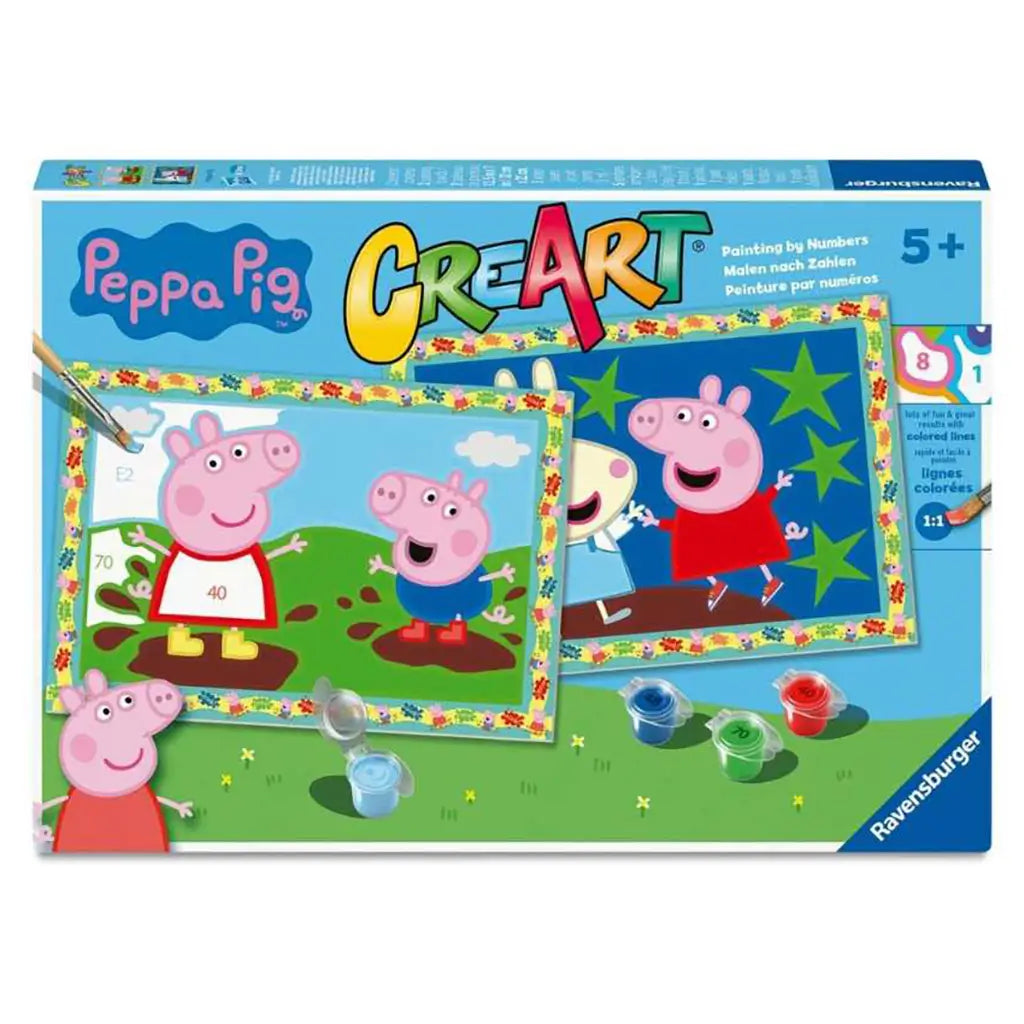Ravensburger CreArt Jr Peppa Pig painting by numbers kit box featuring Peppa Pig artwork with bright colors, recommended for kids ages 5 and up.