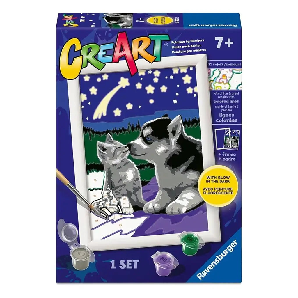 Ravensburger CreArt “Moonlight Friends” paint-by-numbers kit box with image of puppy and kitten under night sky, includes paint, brush, and glow-in-the-dark effects.