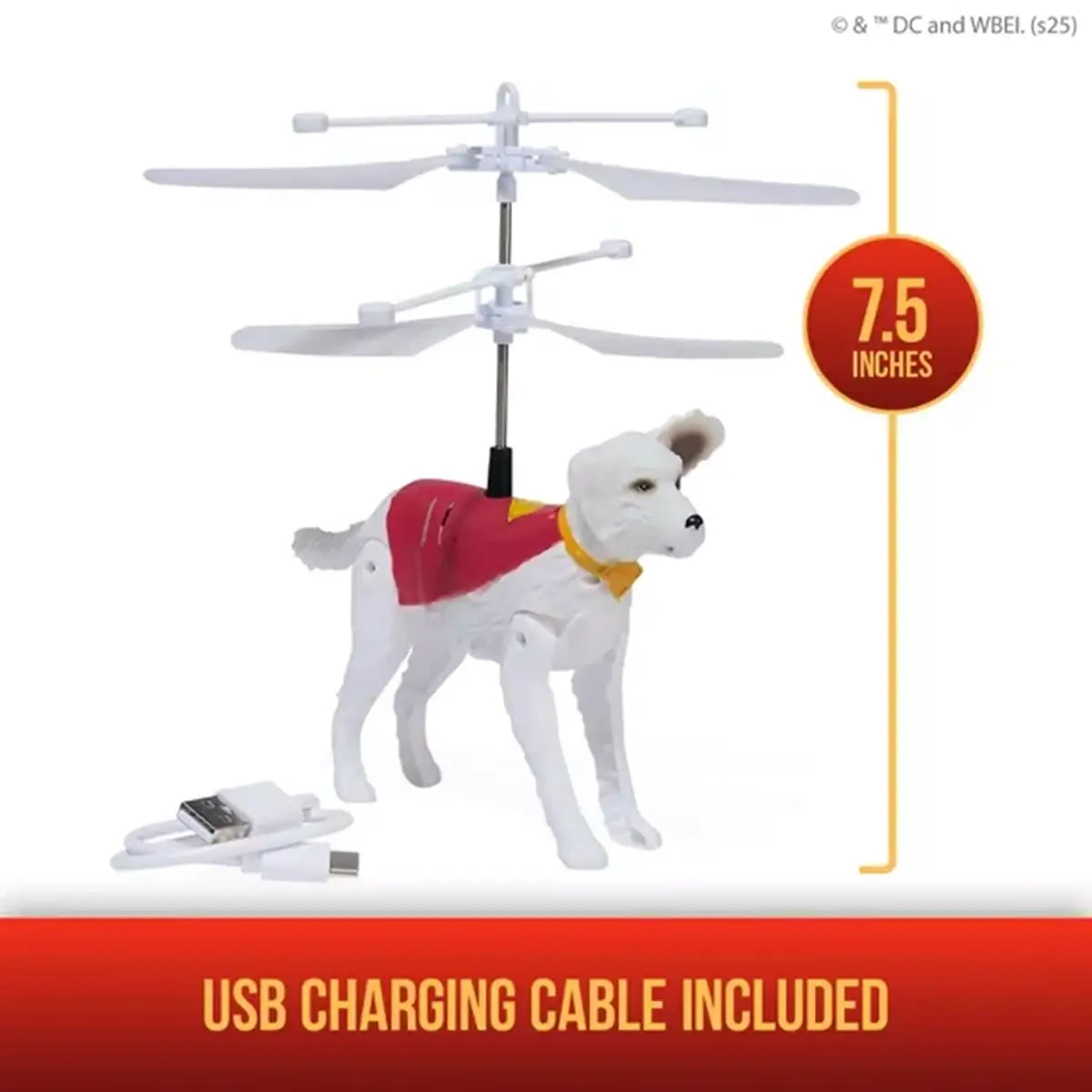 DC Studios Up in the Sky! Flying Krypto RC Figure measurements of figure and usb charging cable included