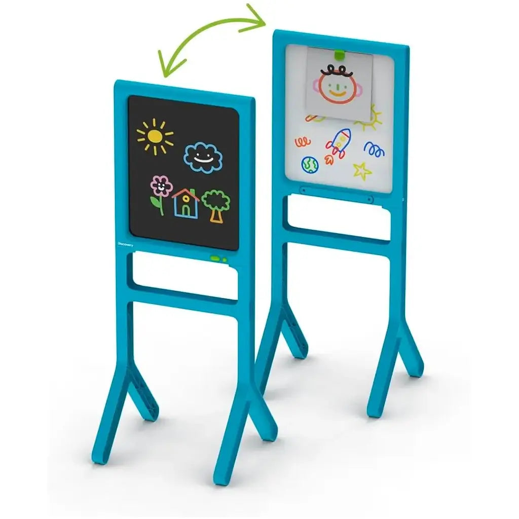 Dual-sided Discovery Glow Easel art station showing reversible design with a glow screen on one side and a dry-erase whiteboard on the other, allowing versatile creative use.