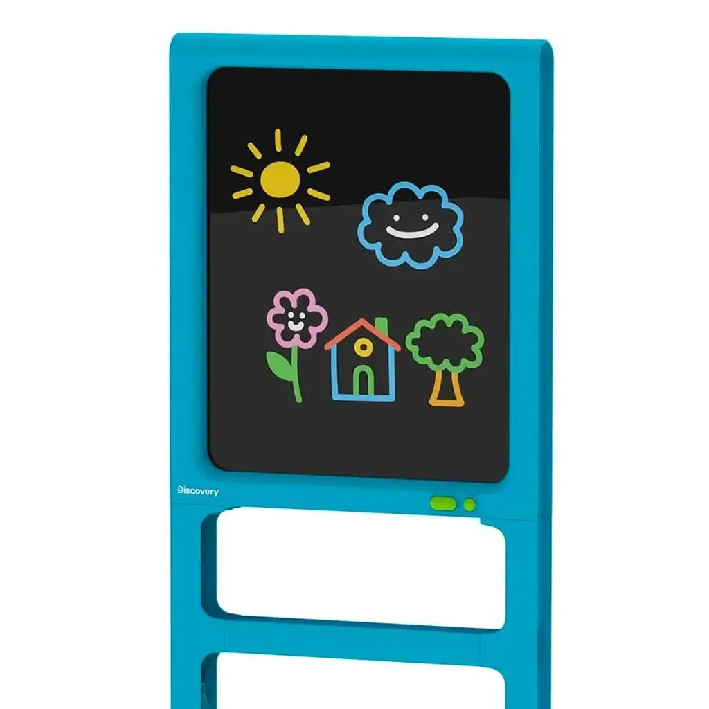 Discovery Glow Easel with blue plastic frame and black illuminated drawing board displaying colorful chalk-style drawings of a sun, cloud, house, flower, and tree on a dark background.