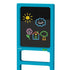 Discovery Glow Easel with blue plastic frame and black illuminated drawing board displaying colorful chalk-style drawings of a sun, cloud, house, flower, and tree on a dark background.