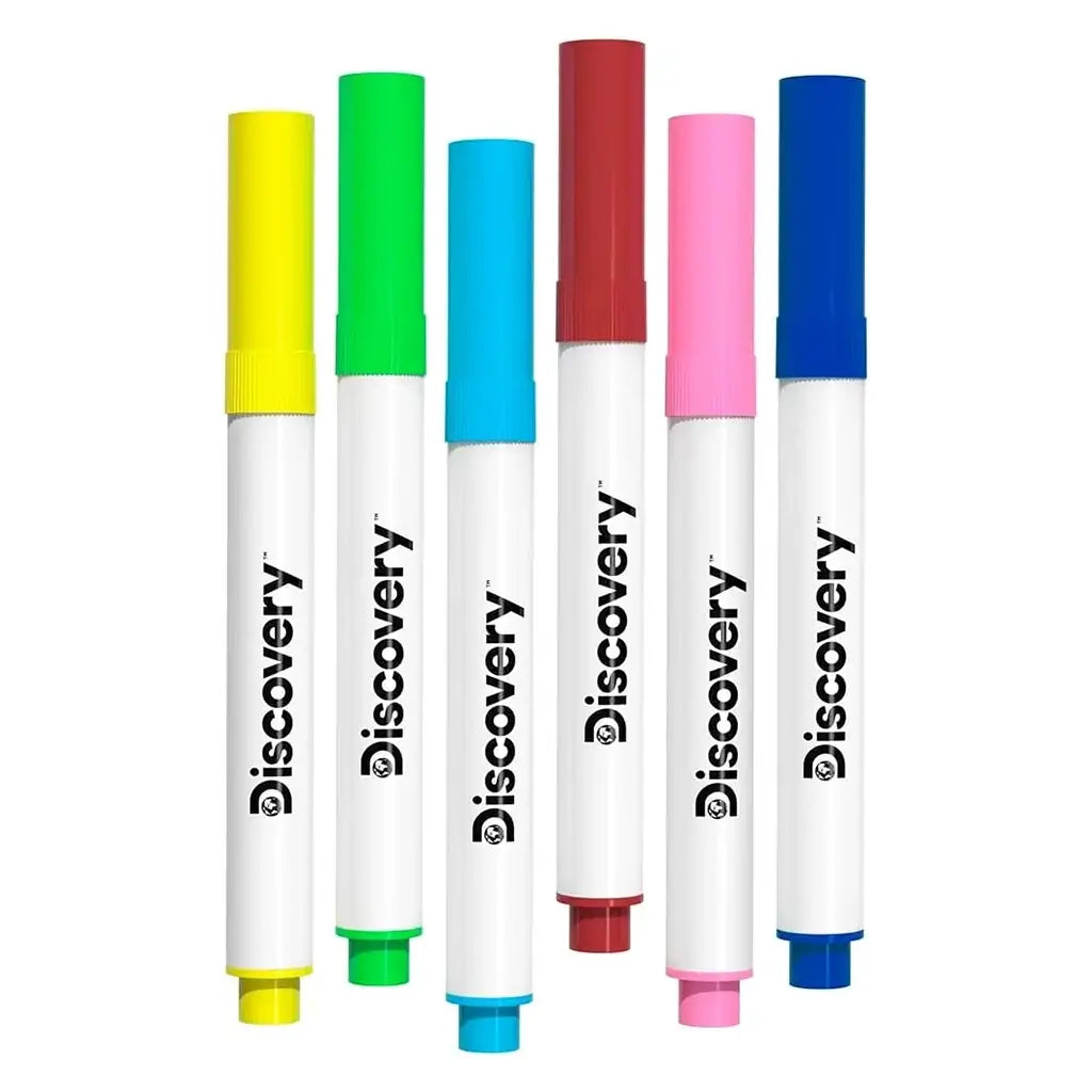 Set of six Discovery Glow Easel markers in yellow, green, blue, red, pink, and dark blue, designed for use with the light-up drawing board to create bright, glowing artwork.