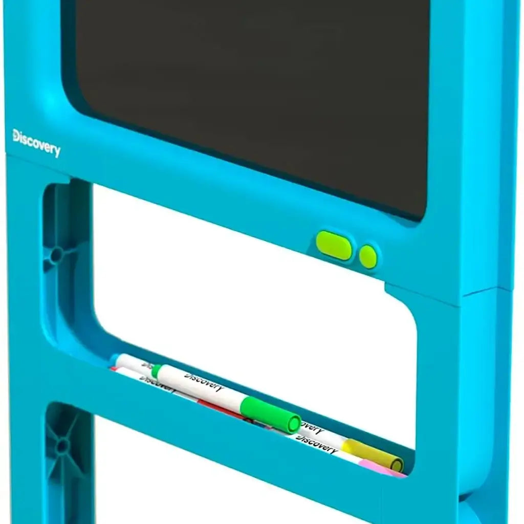 Close-up of Discovery Glow Easel’s blue plastic frame highlighting built-in marker storage tray and green control buttons below the illuminated art board.