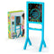 Discovery Glow Easel dual-sided art station in blue with glowing screen showing “create glowing art” in colorful lights, displayed beside its retail packaging box for ages 3 and up.