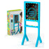 Discovery Glow Easel dual-sided art station in blue with glowing screen showing “create glowing art” in colorful lights, displayed beside its retail packaging box for ages 3 and up.