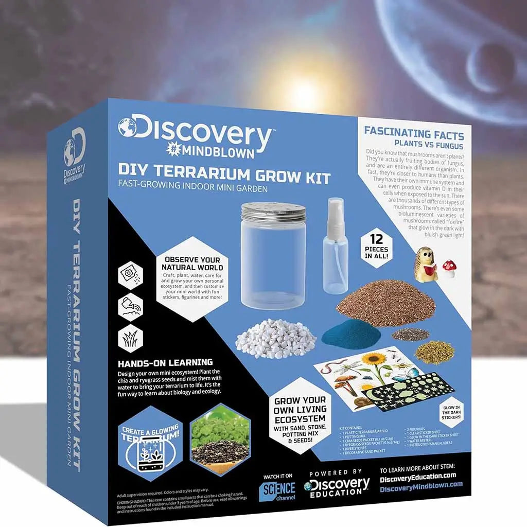 Back of the Discovery Mindblown DIY Terrarium Grow Kit box showing included materials like seeds, soil, stones, and stickers, with educational facts and instructions on plant and fungus biology.