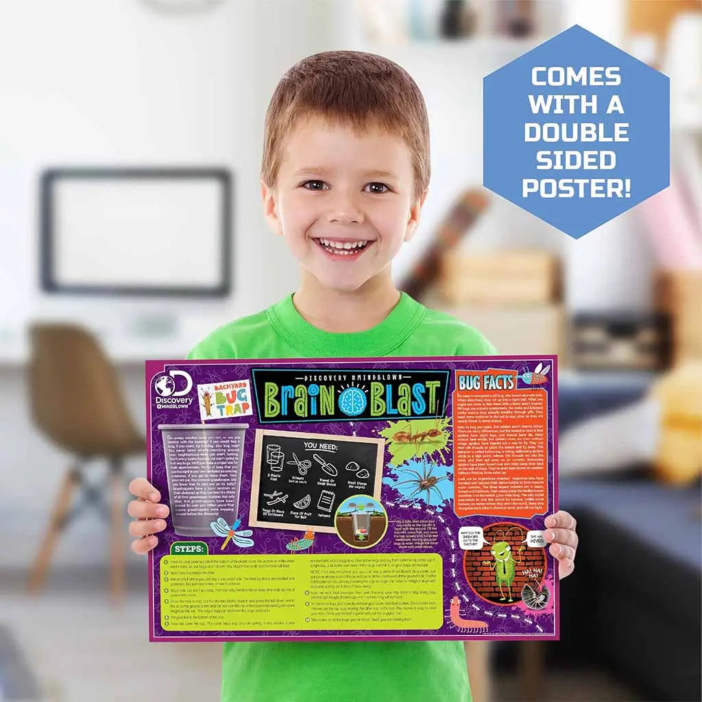 Smiling child holding a colorful Discovery Mindblown Brain Blast double-sided educational poster featuring bug facts, STEM steps, and backyard bug trap illustrations.