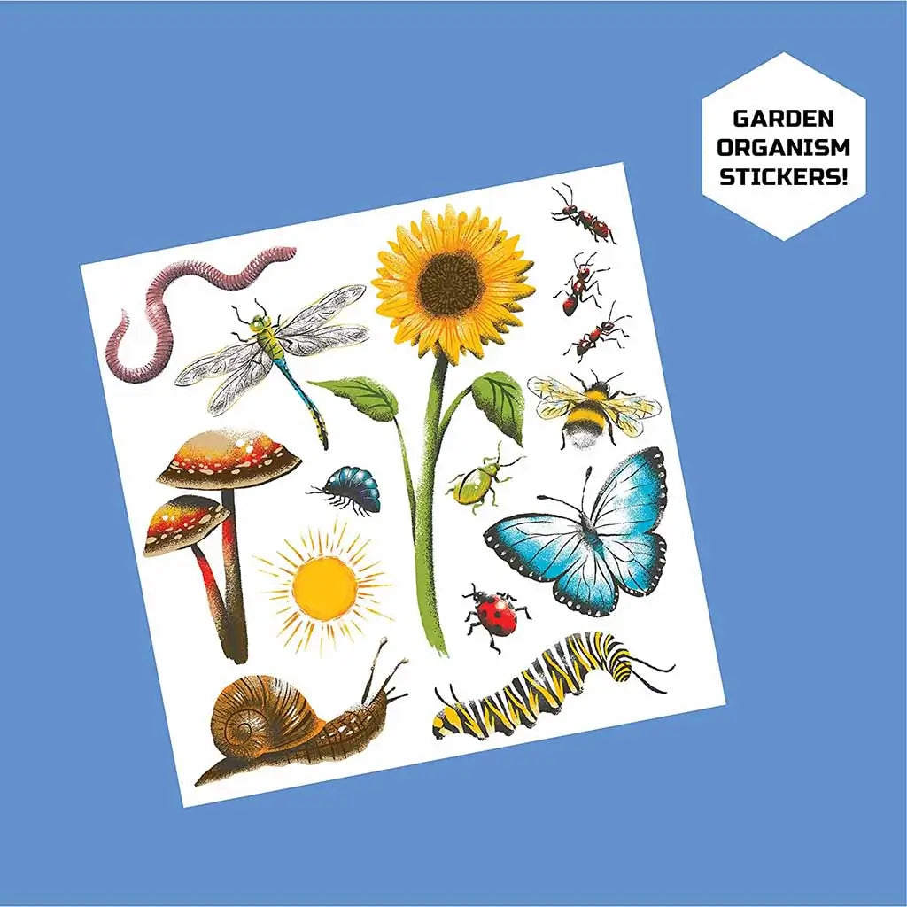 Sheet of colorful Discovery Mindblown garden organism stickers featuring a sunflower, butterflies, dragonfly, mushrooms, snail, worm, caterpillar, and insects on a blue background.