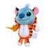 Disney Stitch plush toy dressed in a bright orange and black tiger-striped Rajah costume with pink ears and a small tuft of blue hair, holding a golden Aladdin lamp, set against a white background.