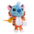 Soft Disney Stitch plush wearing an orange and black tiger-striped Rajah onesie with large teal eyes and a playful smile, clutching a golden lamp prop, photographed on a plain white surface.