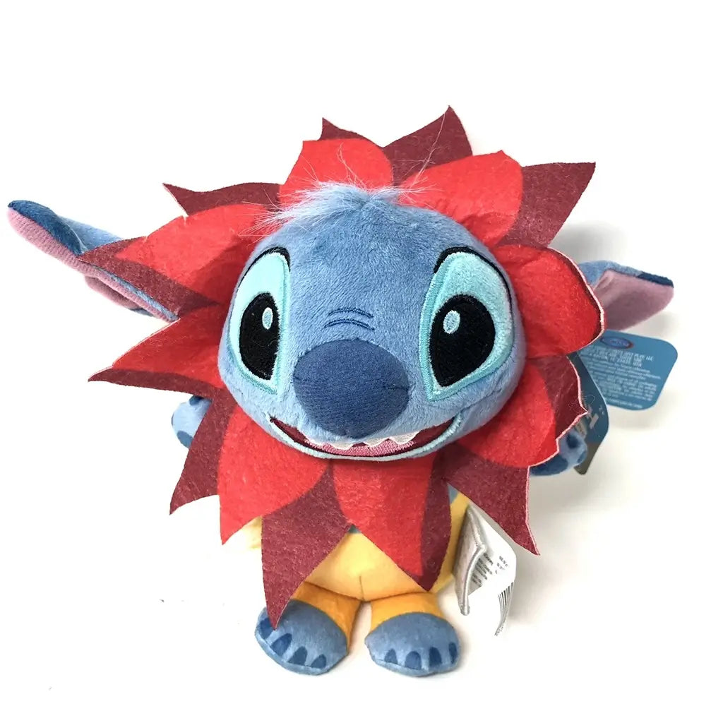 Disney 100 Stitch plush toy dressed as Simba from The Lion King, featuring soft blue fabric, large expressive eyes, and a red felt lion mane with yellow body, celebrating Disney’s centennial.