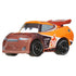 Close-up of Tim Treadless mini racer toy from Disney and Pixar Cars with orange and brown paint, flame decal, number 28, and expressive cartoon eyes.