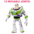 Buzz Lightyear action figure posed slightly sideways beneath bold pink text reading “13 Movable Joints,” highlighting its flexible limbs for interactive play.